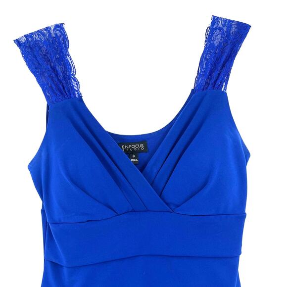 Enfocus Studio Y2K Bandage Dress Sz 8 Royal Blue Lace Babydoll Deep V Coquette - Picture 2 of 11